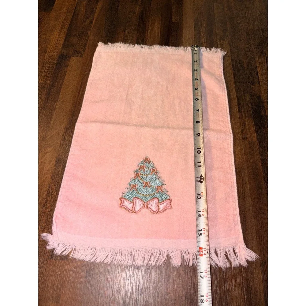 Vintage Pink Christmas Tree Hand Towel Embroidered Bows Fringe Guest Towel 17x10